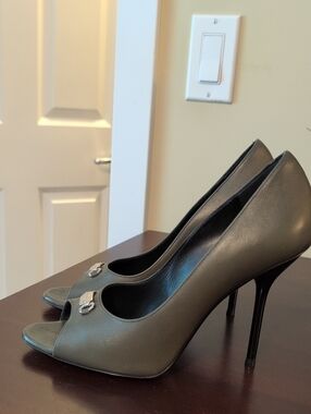 Gucci Olive Green Peep-Toe Stiletto Heels with Silver Hardware